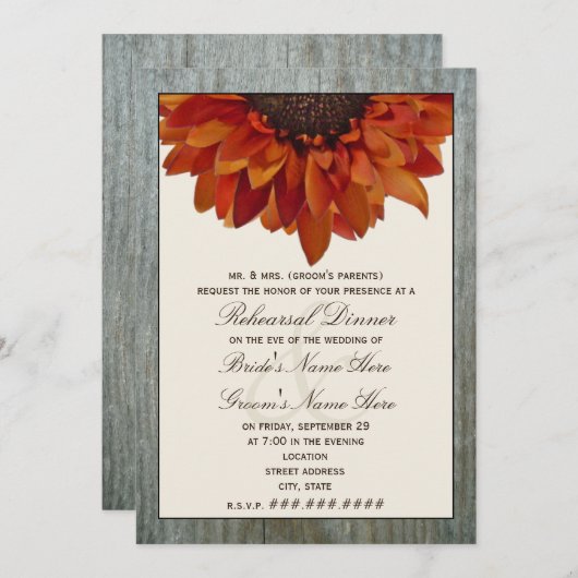 秋の結婚式リハーサルディナー-ひまわり&ウッド 招待状 (正面/裏面)