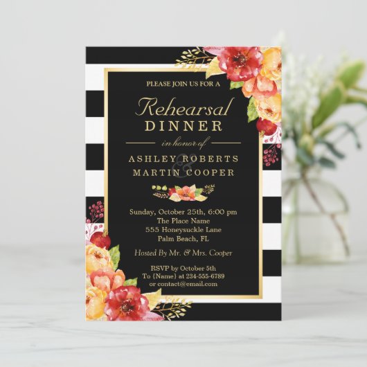 秋の結婚式リハーサルディナー ゴールド フラワーストライプ 招待状 (スタンド正面)