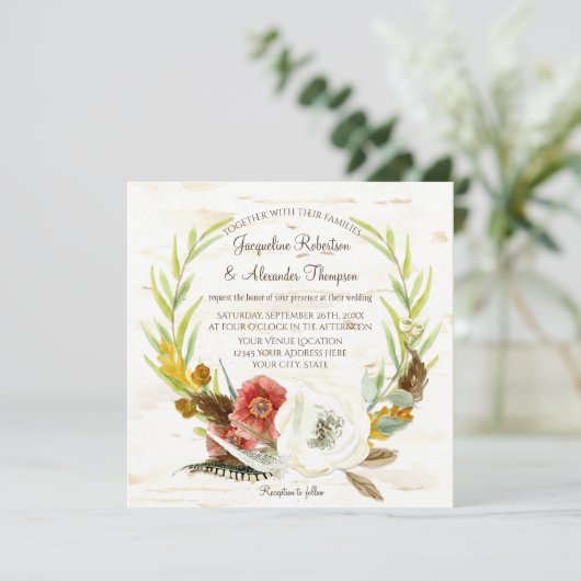 秋の結婚式リースボホフェザー樺の木バークスクエア 招待状 (スタンド正面)