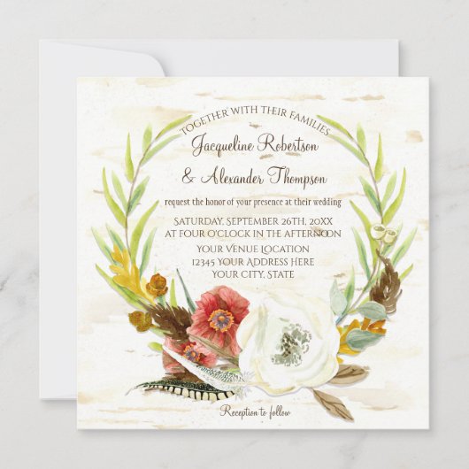 秋の結婚式リースボホフェザー樺の木バークスクエア 招待状 (正面)