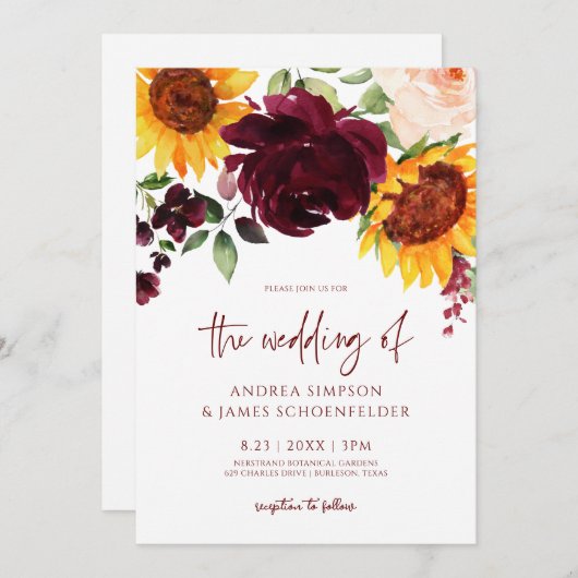 秋の結婚式招待状サンフラワーズブルゴーニュバラ 招待状 (正面/裏面)