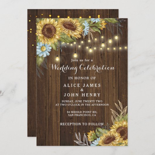 秋の結婚式素朴のヒマワリ 招待状 (正面/裏面)