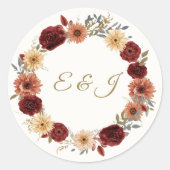 秋の結婚式素朴ラウンドステッカー | ブルゴーニュバラ ラウンドシール (正面)