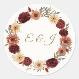 秋の結婚式素朴ラウンドステッカー | ブルゴーニュバラ ラウンドシール