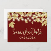 秋の結婚式葉金ゴールドブルゴーニュ日付を保存 案内ポストカード (正面/裏面)