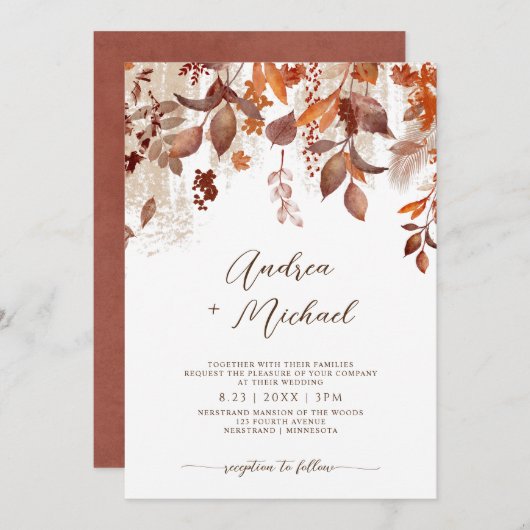 秋の結婚式錆紅葉の葉招待状 招待状 (正面/裏面)