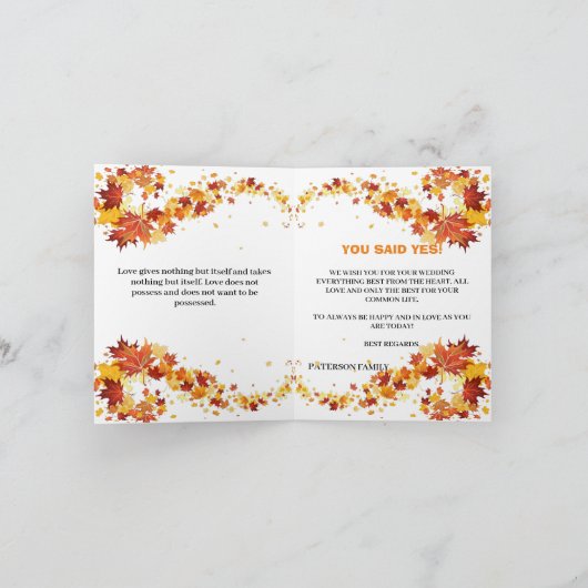 秋の結婚式離れとモノグラム カード (内部)