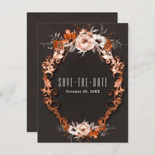 秋の結婚式 オレンジ色の花のデザインの結婚式のお知らせ 案内ポストカード (正面/裏面)