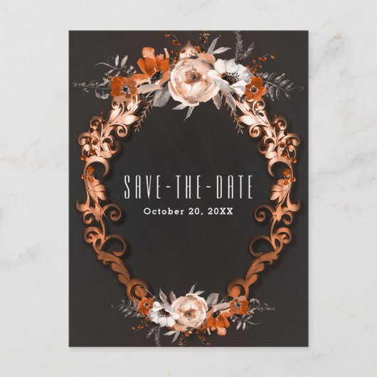 秋の結婚式 オレンジ 花柄 Save the Date 案内ポストカード (正面)