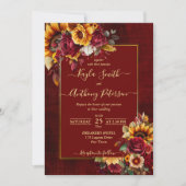 秋の結婚式 バーガンディのバラ 黄色のひまわり 招待状 (正面)