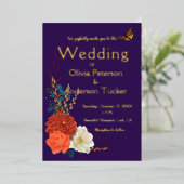 秋の結婚式 モナーク フラワー パープル ゴールド 箔招待状 (立ち正面)