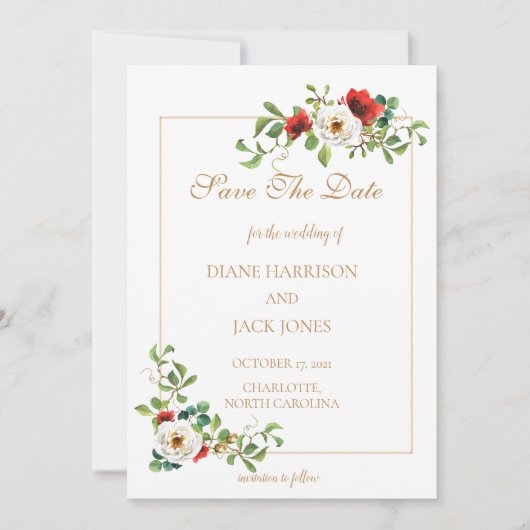 秋の結婚式 水彩画 Save The Date 招待状 (正面)