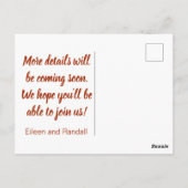 秋の結婚式 秋の色彩 オレンジ色の Save the Date ポストカード (裏面)