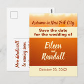 秋の結婚式 紅葉 オレンジ色の Save the Date ポストカード (正面/裏面)