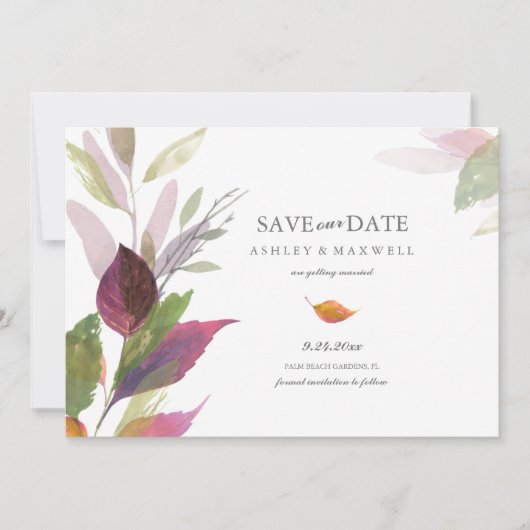 秋の結婚式 紫の葉の写真 保存日発表 セーブザデート (正面)