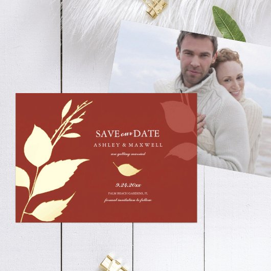 秋の結婚式　Save the Date　オレンジ色の葉 箔招待状