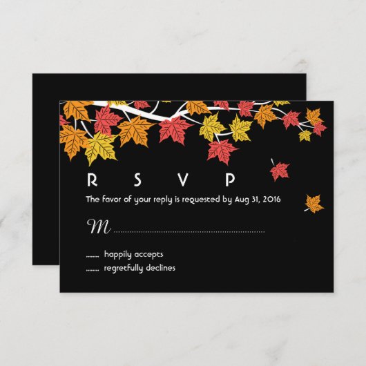 秋の結婚式RSVPカードとカエデの葉落下 出欠カード (正面/裏面)