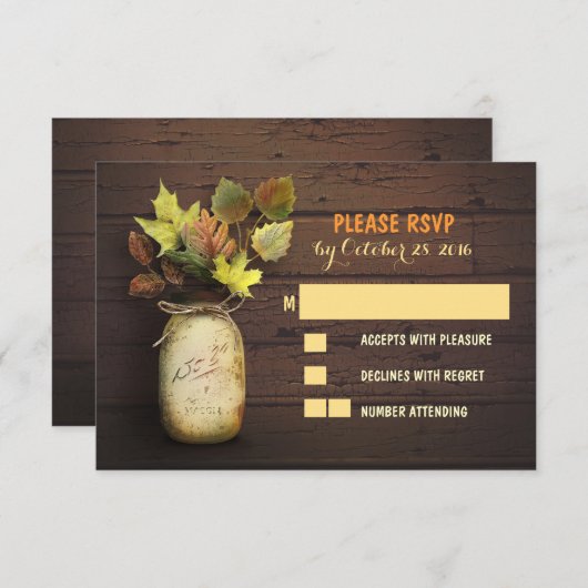 秋の結婚式RSVPカードとメイソンjar 出欠カード (正面/裏面)