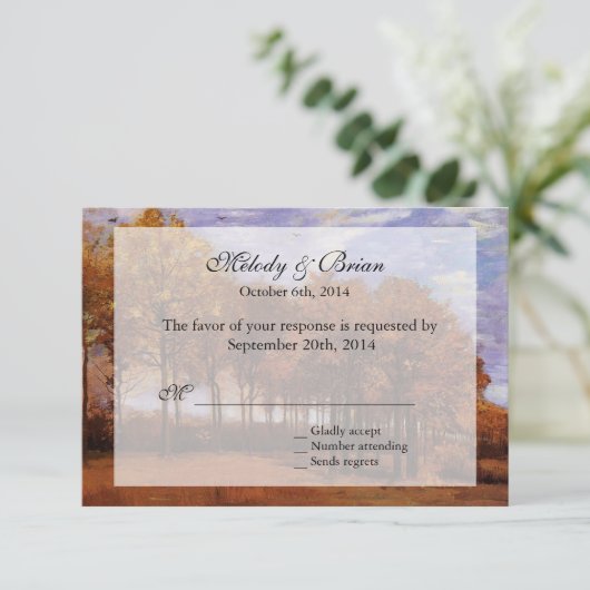 秋の結婚式RSVP招待状。秋の景色 出欠カード (スタンド正面)