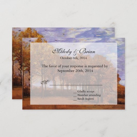 秋の結婚式RSVP招待状。秋の景色 出欠カード (正面/裏面)
