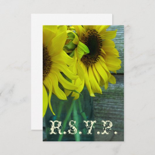 秋の結婚式RSVP: ヒマワリのメーソンジャー/Barnwood 出欠カード (正面/裏面)