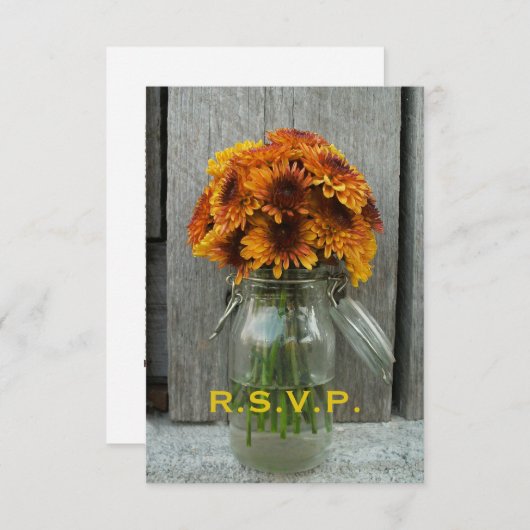 秋の結婚式RSVP: メーソンジャーの花及びBarnwood 出欠カード (正面/裏面)