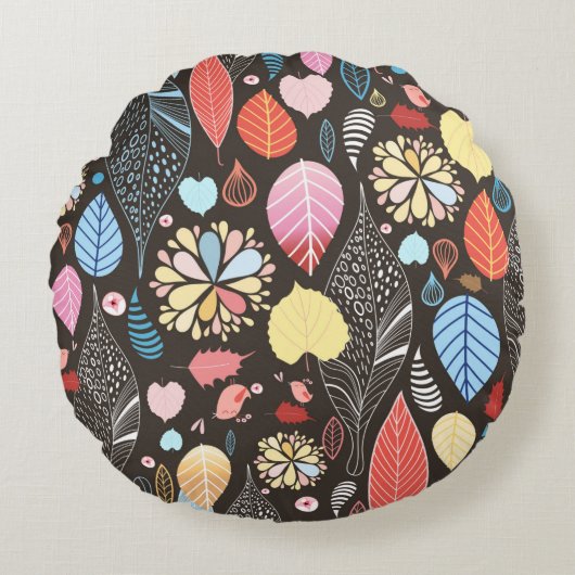 秋の継ぎ目のないカラフル葉b模様 ラウンドクッション (正面)