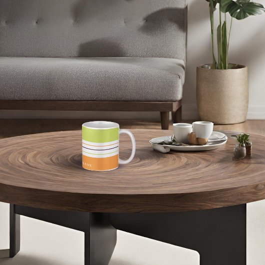 秋の緑とオレンジのストライプ コーヒーマグカップ