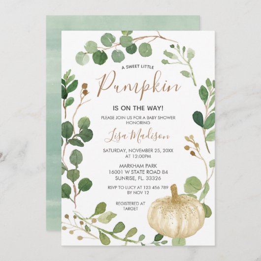 秋の緑のカボチャが途中でベビーシャワー  招待状 (正面/裏面)