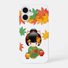 秋の緑の着物こけし人形もみじ iPhone 16ケース