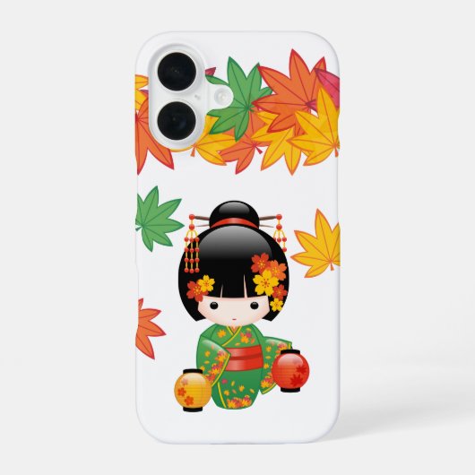 秋の緑の着物こけし人形もみじ iPhone 16ケース (裏面)