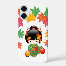 秋の緑の着物のこけし人形もみじ iPhone 16ケース