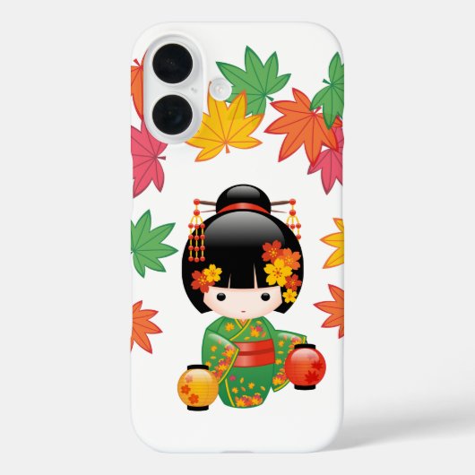 秋の緑の着物のこけし人形もみじ Case-Mate iPhoneケース (裏面)