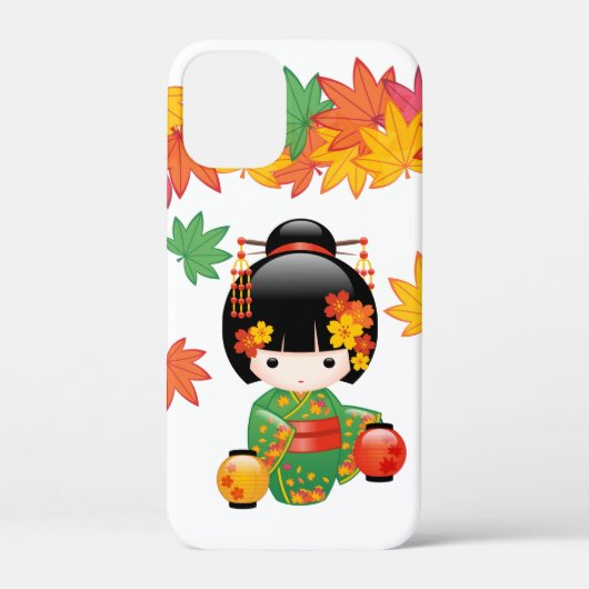 秋の緑の着物のこけし人形もみじ Case-Mate iPhoneケース (裏面)