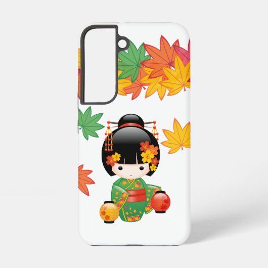秋の緑の着物のこけし人形もみじ SAMSUNG GALAXYケース (裏面)