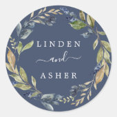 秋の緑 |ネイビー結婚の封筒用シール ラウンドシール (正面)
