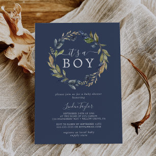 秋の緑 Navy It's A Boy Baby Shower 招待状