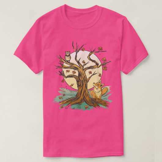 秋の美しい森林芸術フクロウ Tシャツ (デザイン正面)