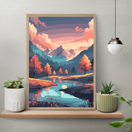 秋の自然の風景 川と山と木々 ポスター
