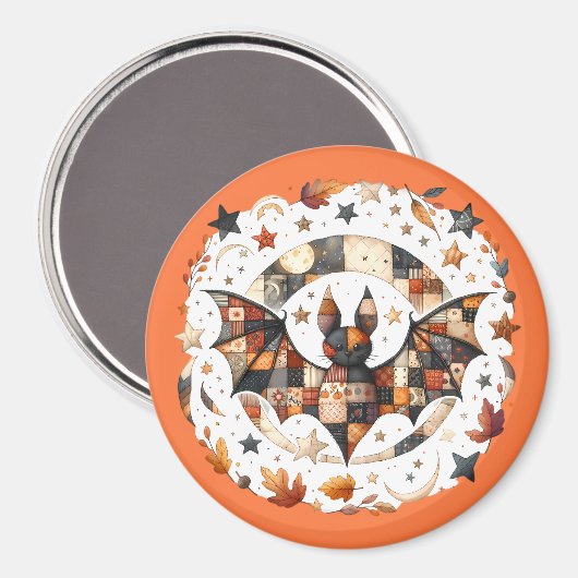 秋の色のパッチワークハロウィーンこうもり マグネット (正面/裏面)