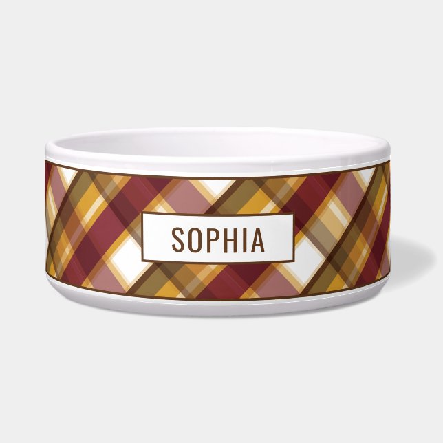 秋の色の格子模様と名前をカスタムする ボウル (正面)