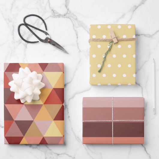 秋の色の水玉模様とストライプ ラッピングペーパーシート (正面)