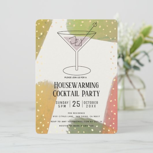 秋の色モダン引っ越し祝いパーティーカクテルパーティー 招待状 (スタンド正面)
