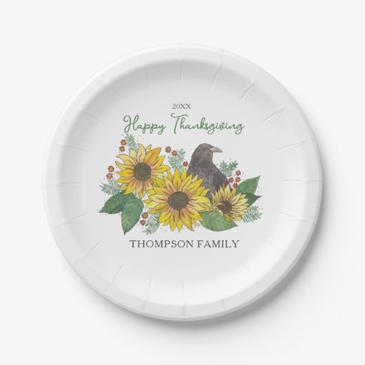 秋の花でカラス家族感謝祭デザート ペーパープレート (正面)