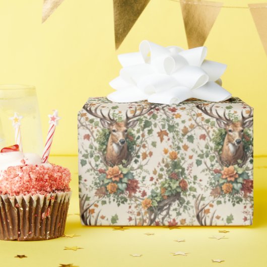 秋の花で鹿を振る ラッピングペーパー (誕生日パーティー)