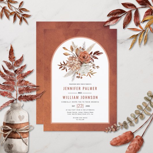 秋の花とアーチテラコッタ秋の結婚式 招待状