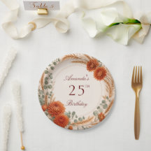 秋の花とカボチャの誕生日ペーパープレート