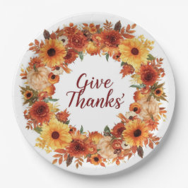 秋の花とカボチャの Thanksgiving テーマ ペーパープレート