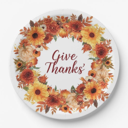 秋の花とカボチャの Thanksgiving テーマ ペーパープレート (正面)