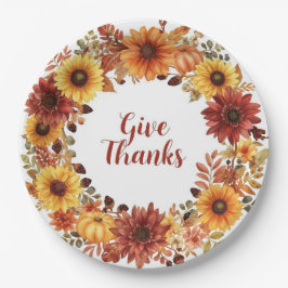 秋の花とカボチャの Thanksgiving テーマ ペーパープレート